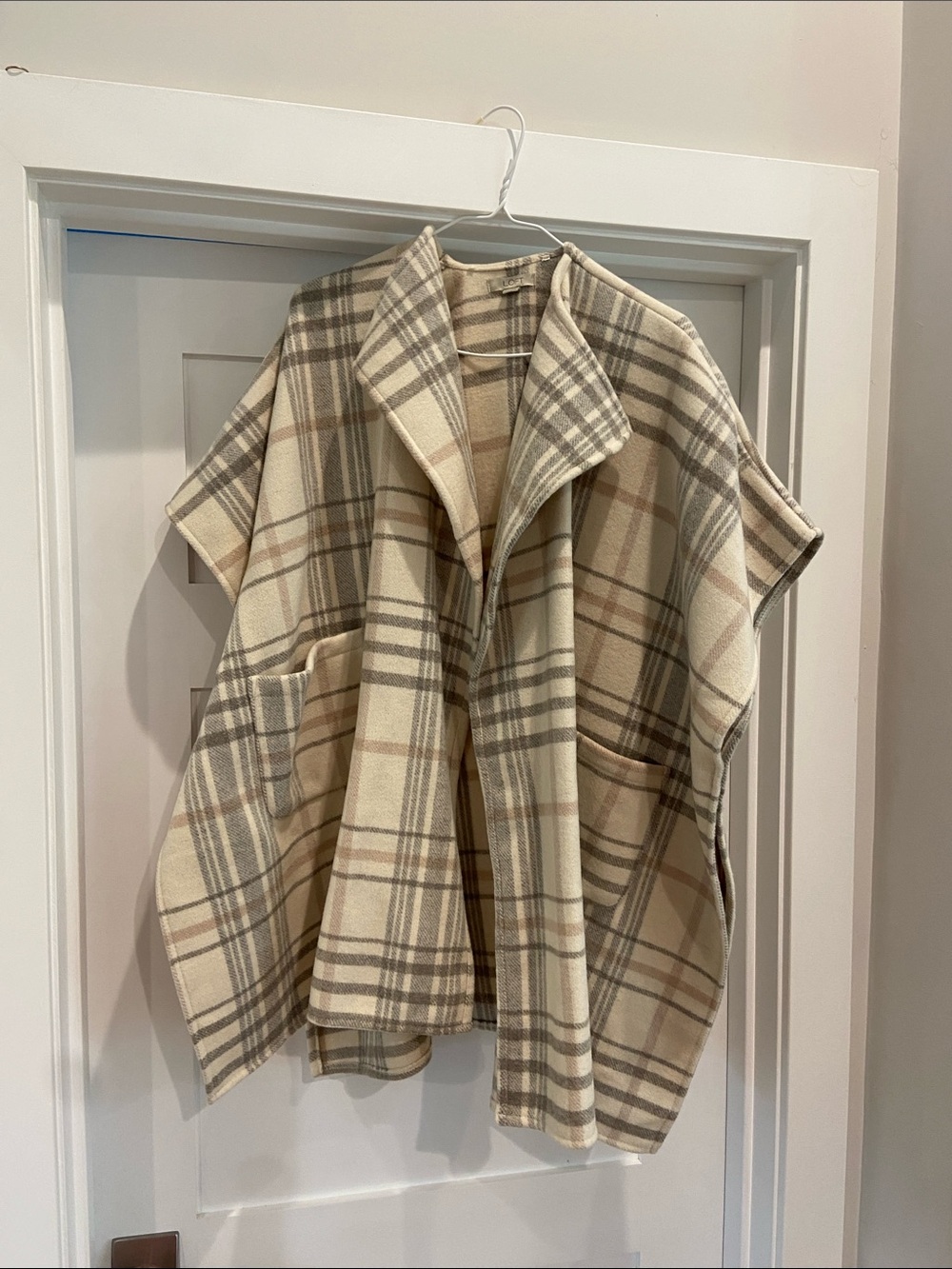 LOFT Cream Plaid Open-Front Cape with Gray Stripes
